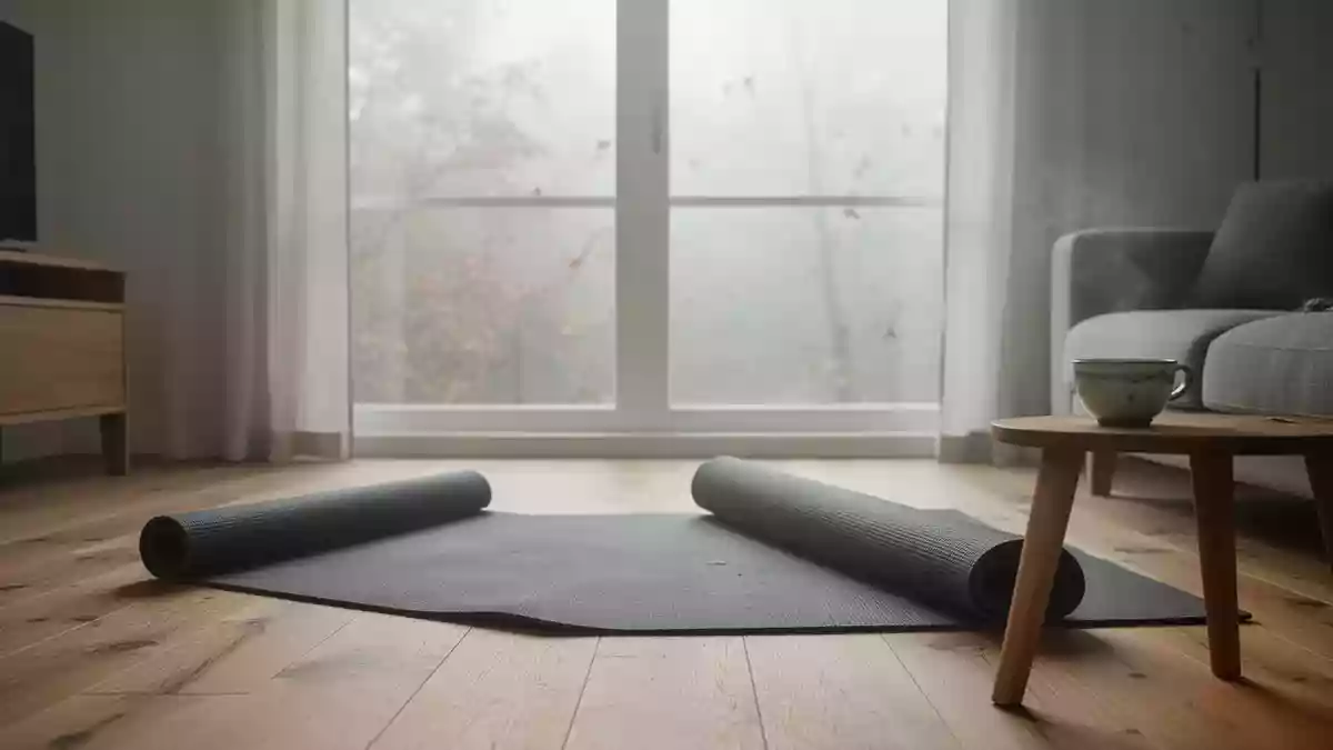 Ein minimalistischer, heller Wohnraum an einem trüben Herbstmorgen mit einer Yogamatte auf dem Boden. Illustration mit AI erstellt.