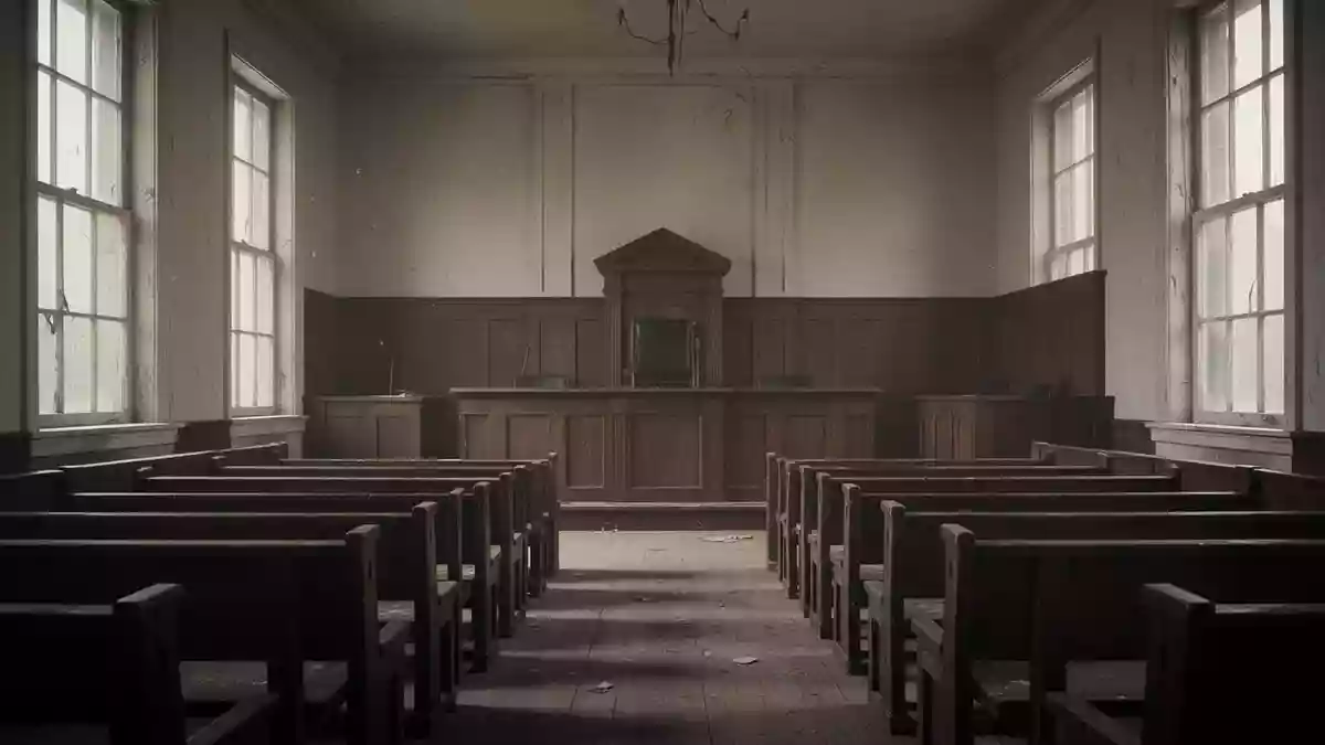 Ein leerer Gerichtssaal mit hölzernen Sitzreihen und Richterpult in natürlichem Licht. Illustration mit AI erstellt.