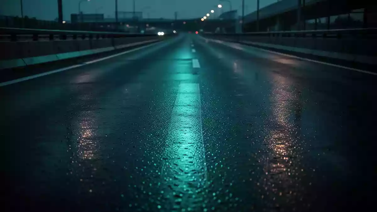 Ein nächtlicher, nasser Straßenabschnitt, der von einem schwachen, cyanfarbenen Lichtreflex auf dem Asphalt beleuchtet wird. Illustration mit AI erstellt.