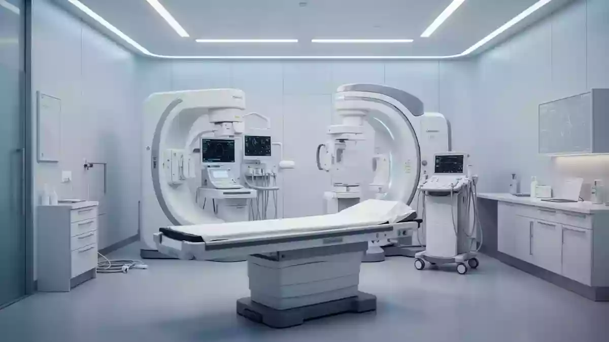 Moderner, steriler Untersuchungsraum einer kardiologischen Klinik mit medizinischen Diagnosegeräten. Illustration mit AI erstellt.