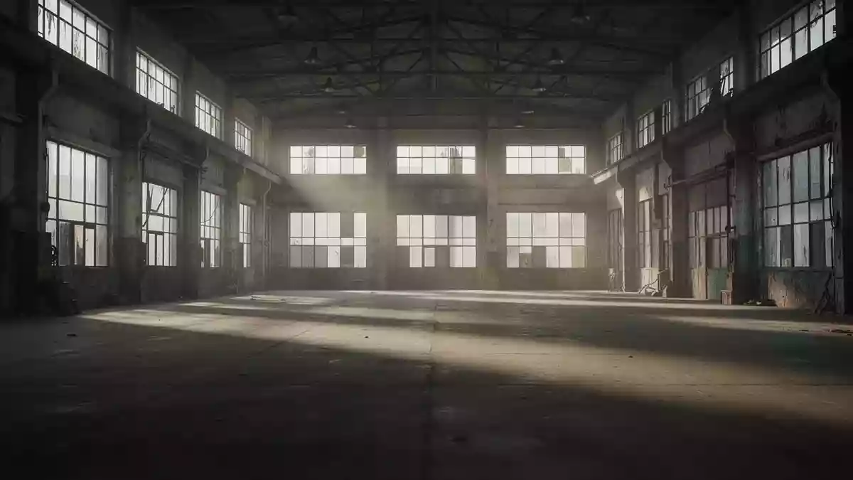 Eine leere, weitläufige Industriehalle mit Betonboden und hohen Fenstern, die lange Schatten wirft. Illustration mit AI erstellt.