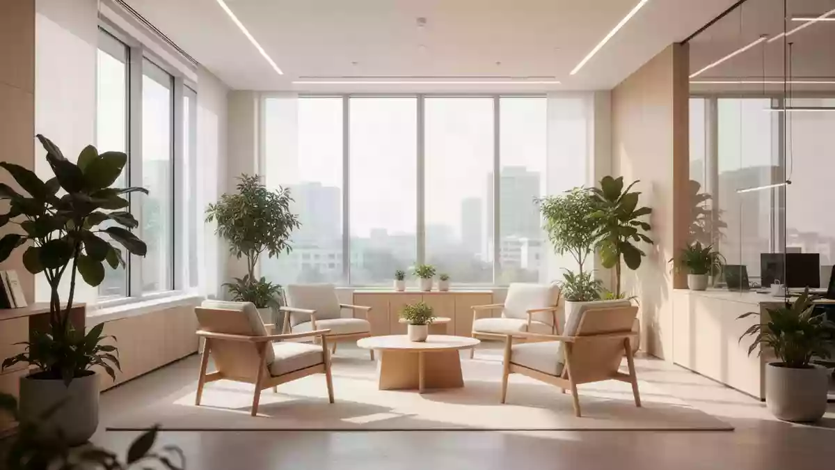 Ein heller, moderner Ruhebereich in einem Büro mit Pflanzen und natürlichem Tageslicht. Illustration mit AI erstellt.