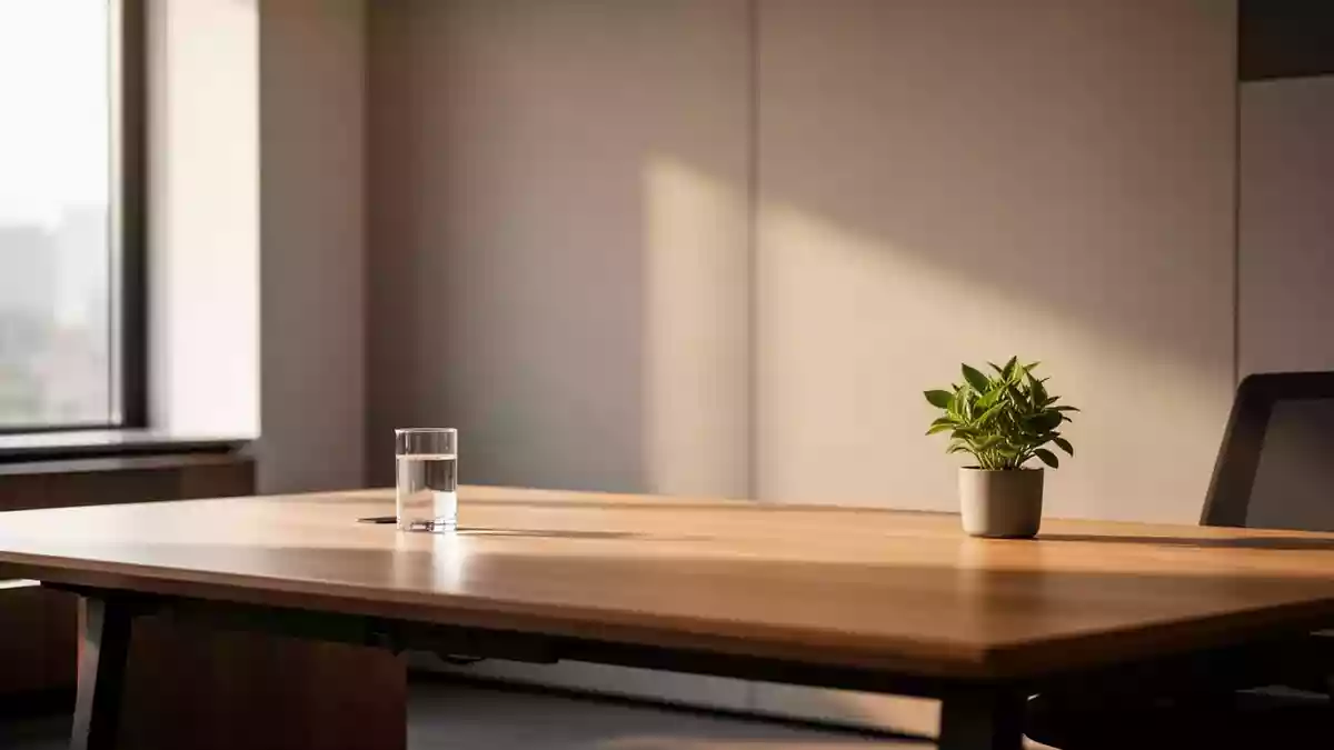 Ein minimalistischer, aufgeräumter Arbeitsplatz in einem hellen Büro mit natürlichem Lichteinfall. Illustration mit AI erstellt.