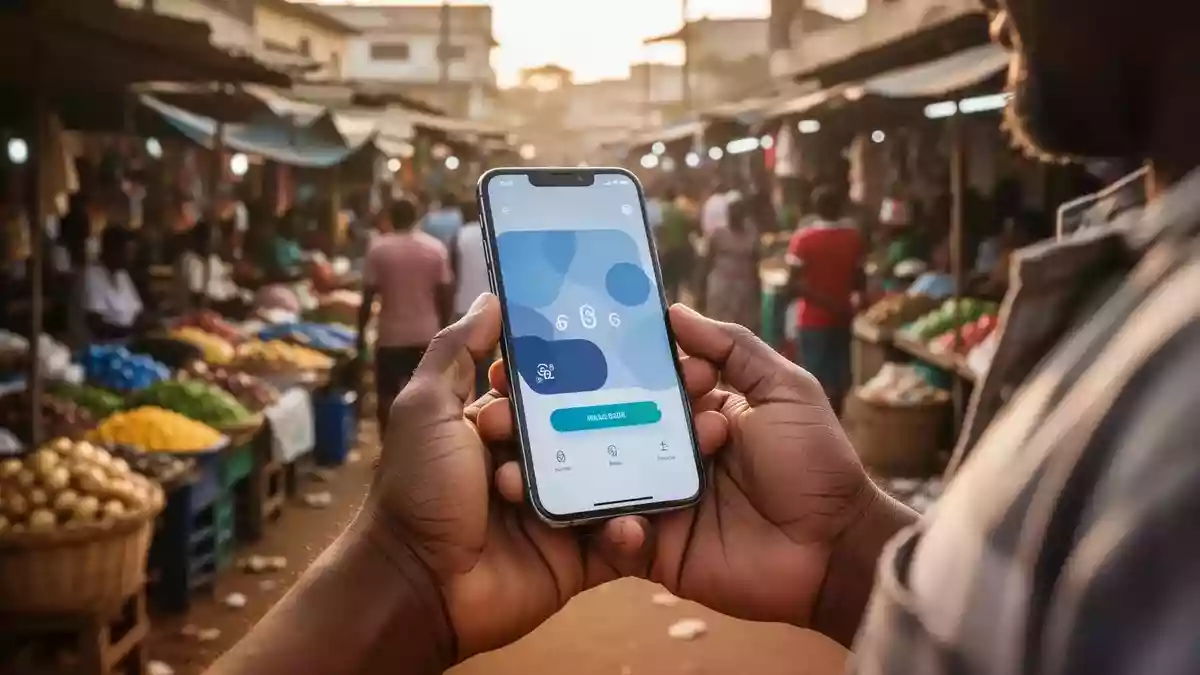 Person bei der Nutzung eines Smartphones für eine digitale Transaktion auf einem belebten Markt in einem Schwellenland. Illustration mit AI erstellt.