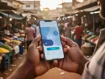 Person bei der Nutzung eines Smartphones für eine digitale Transaktion auf einem belebten Markt in einem Schwellenland. - Foto: über boerse-global.de