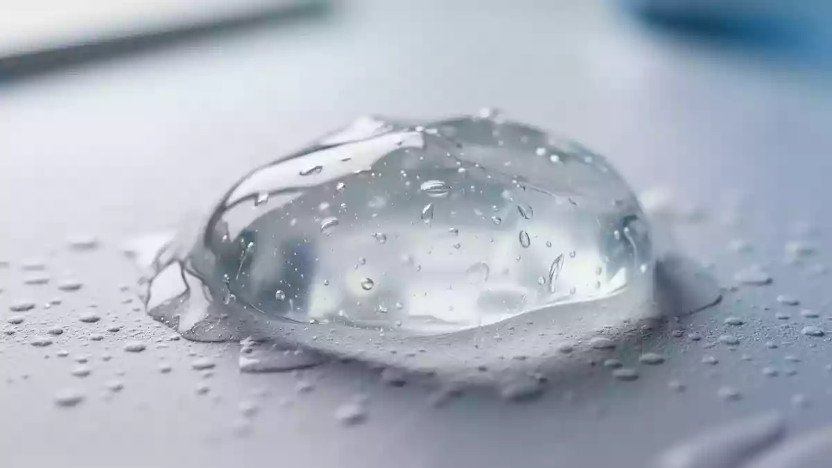 Nahaufnahme einer transparenten, gelartigen Substanz auf einer sterilen Laboroberfläche, die die Struktur biomaterialbasierter Forschung veranschaulicht. Illustration mit AI erstellt.