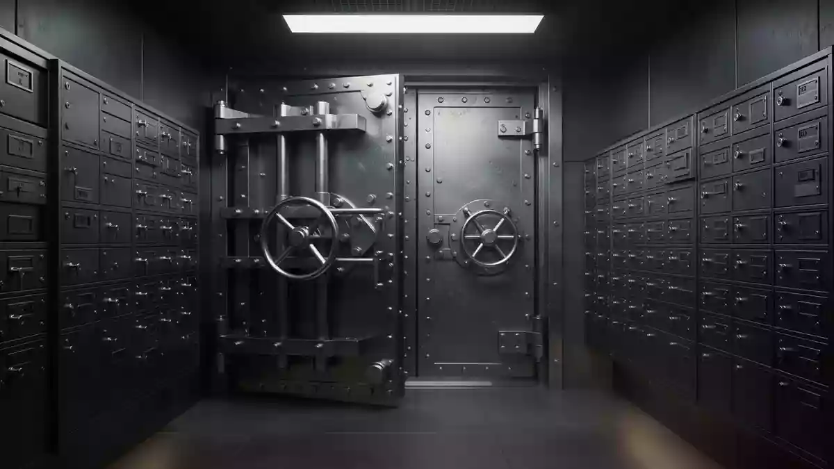 Innenansicht eines modernen Banktresors mit leeren Schließfächern und massiven Stahltüren. Illustration mit AI erstellt.
