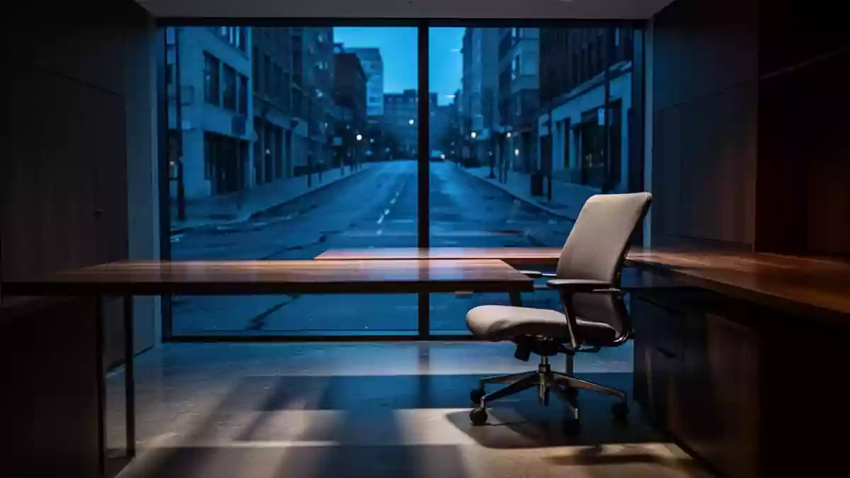 Ein minimalistisch eingerichtetes Büro in der Dämmerung mit Blick auf eine nächtliche Stadtstraße. Illustration mit AI erstellt.