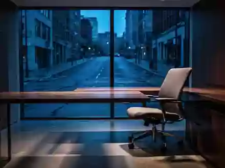 Ein minimalistisch eingerichtetes Büro in der Dämmerung mit Blick auf eine nächtliche Stadtstraße. - Foto: über boerse-global.de