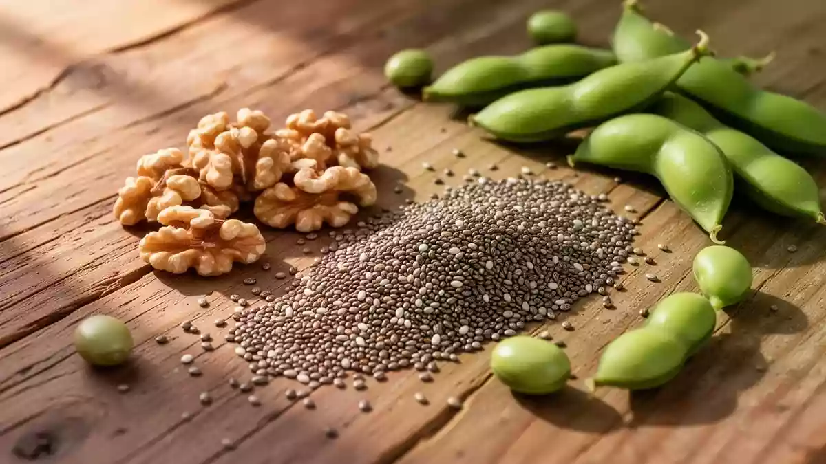 Naturbelassene Walnüsse, Chiasamen und Edamame auf einer hölzernen Tischoberfläche bei natürlichem Licht. Illustration mit AI erstellt.