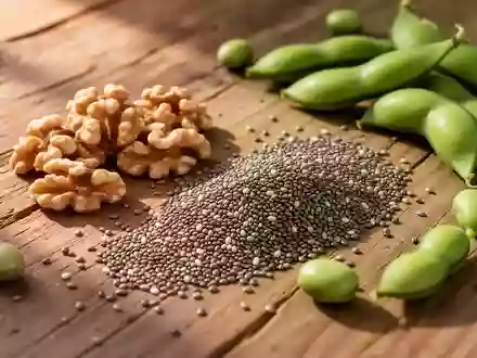 Naturbelassene Walnüsse, Chiasamen und Edamame auf einer hölzernen Tischoberfläche bei natürlichem Licht. - Foto: über boerse-global.de