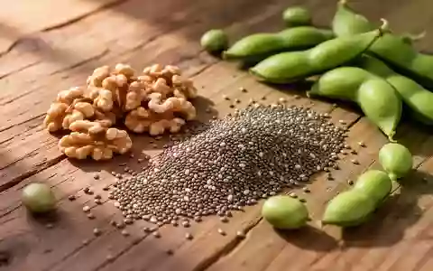Naturbelassene Walnüsse, Chiasamen und Edamame auf einer hölzernen Tischoberfläche bei natürlichem Licht. - Foto: über boerse-global.de