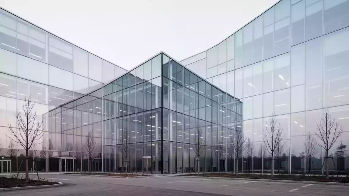 Moderne Industriefassade eines Firmengebäudes mit klaren architektonischen Linien und Glasfront bei bedecktem Himmel. Illustration mit AI erstellt.