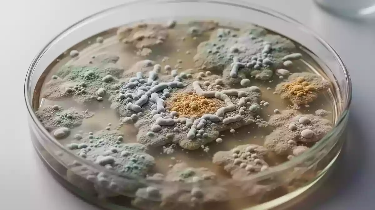 Mikroskopische Aufnahme von Bakterienkulturen in einer Petrischale zur Veranschaulichung der Darmflora. Illustration mit AI erstellt.