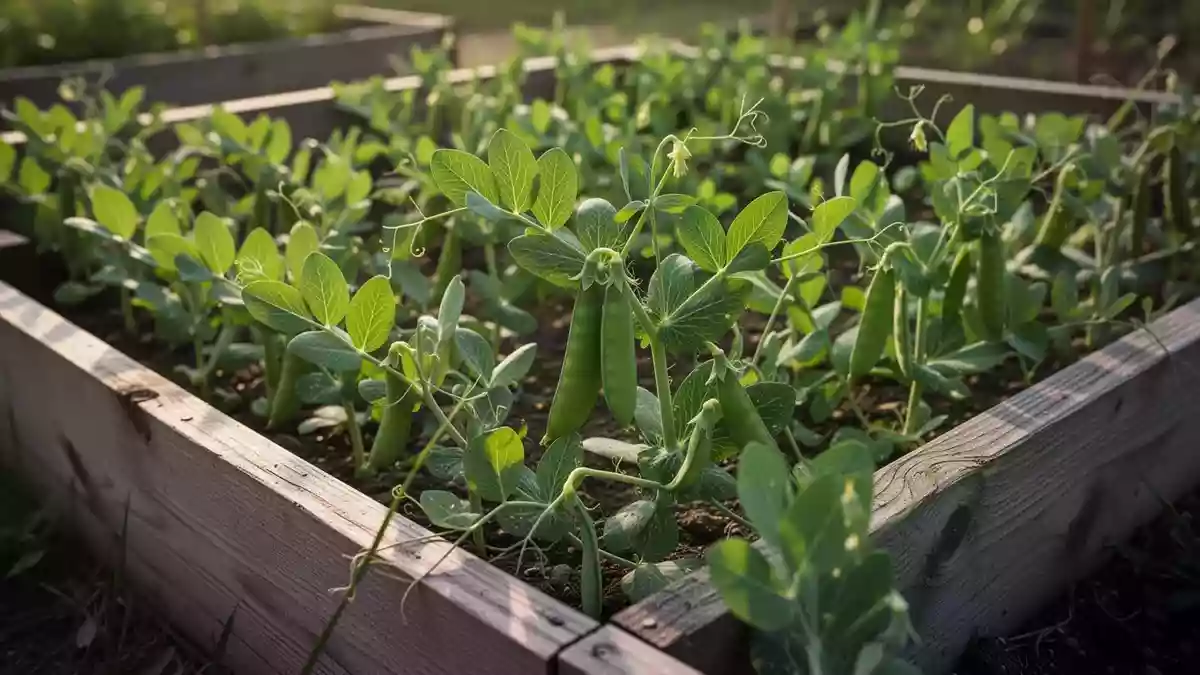 Nahaufnahme von Erbsenpflanzen in einem Garten bei natürlichem Morgenlicht als Sinnbild für Produktivität. Illustration mit AI erstellt.