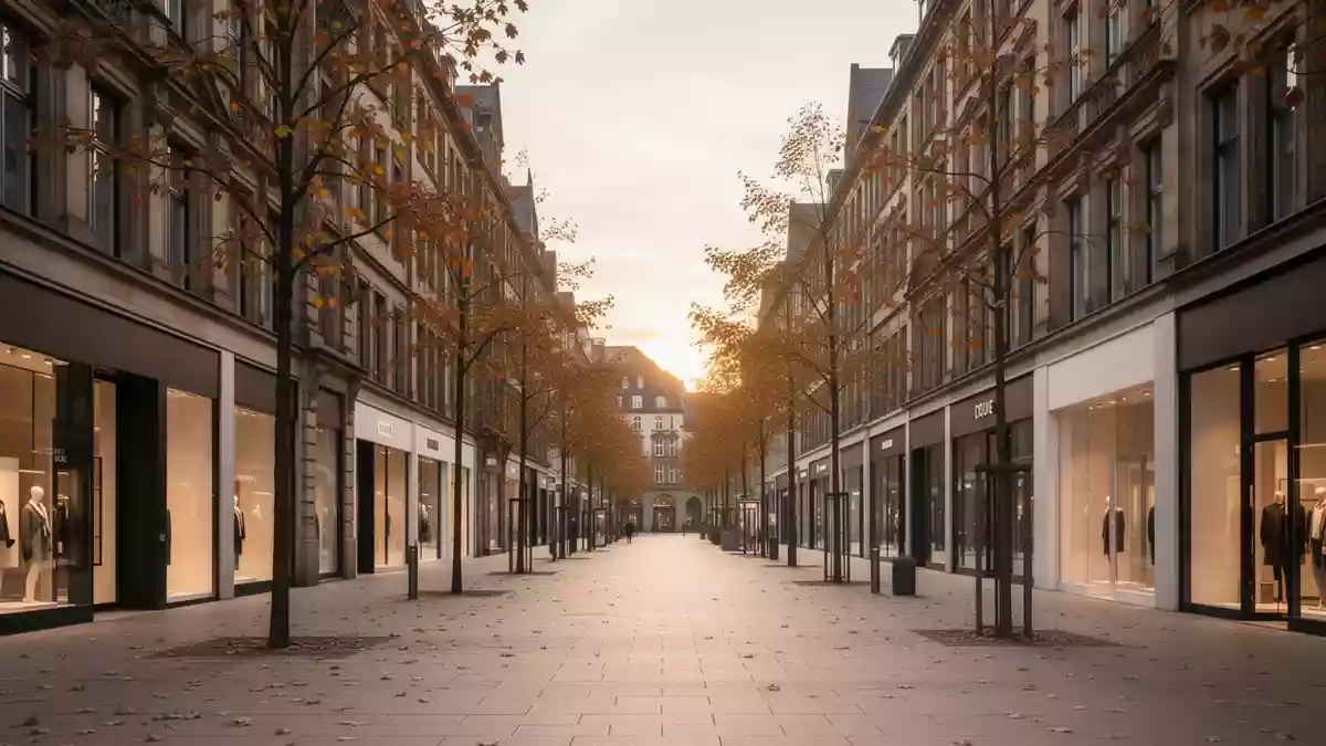 Eine leere, moderne Einkaufsstraße in einer deutschen Großstadt während der Abenddämmerung im Spätherbst. Illustration mit AI erstellt.