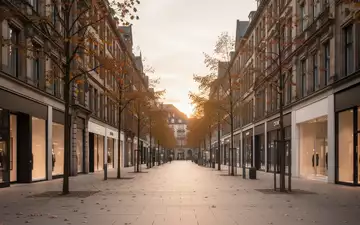 Eine leere, moderne Einkaufsstraße in einer deutschen Großstadt während der Abenddämmerung im Spätherbst. - Foto: über boerse-global.de