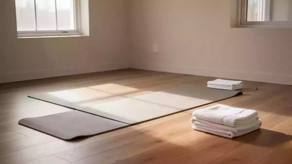 Ein minimalistischer, lichtdurchfluteter Raum für Physiotherapie mit einer ausgebreiteten Yogamatte auf einem Holzboden. Illustration mit AI erstellt.