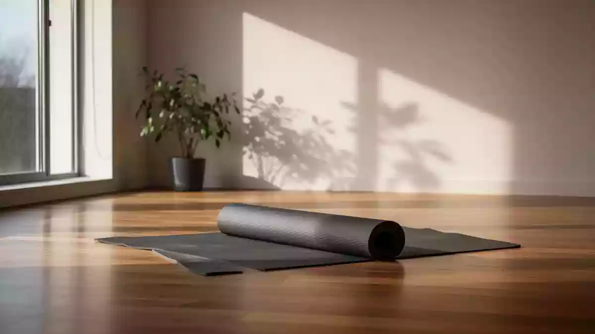 Ein heller, minimalistischer Yogaraum mit einer einzelnen Matte auf einem Holzboden und sanftem Tageslicht. Illustration mit AI erstellt.