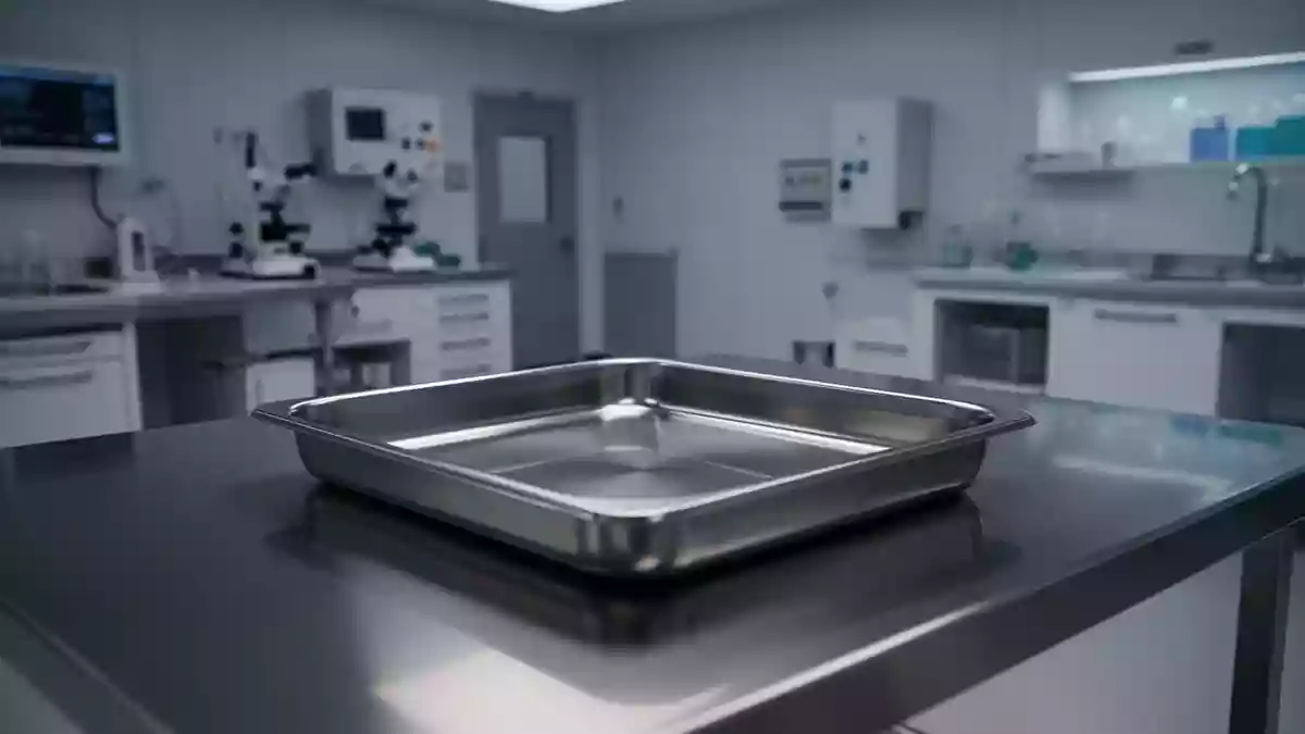 Ein steriles, leeres Edelstahltablett in einem modernen klinischen Forschungslabor bei sanfter Beleuchtung. Illustration mit AI erstellt.