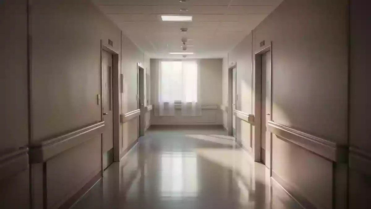 Ein minimalistischer, heller Krankenhausflur mit architektonischen Linien und natürlichem Lichteinfall. Illustration mit AI erstellt.
