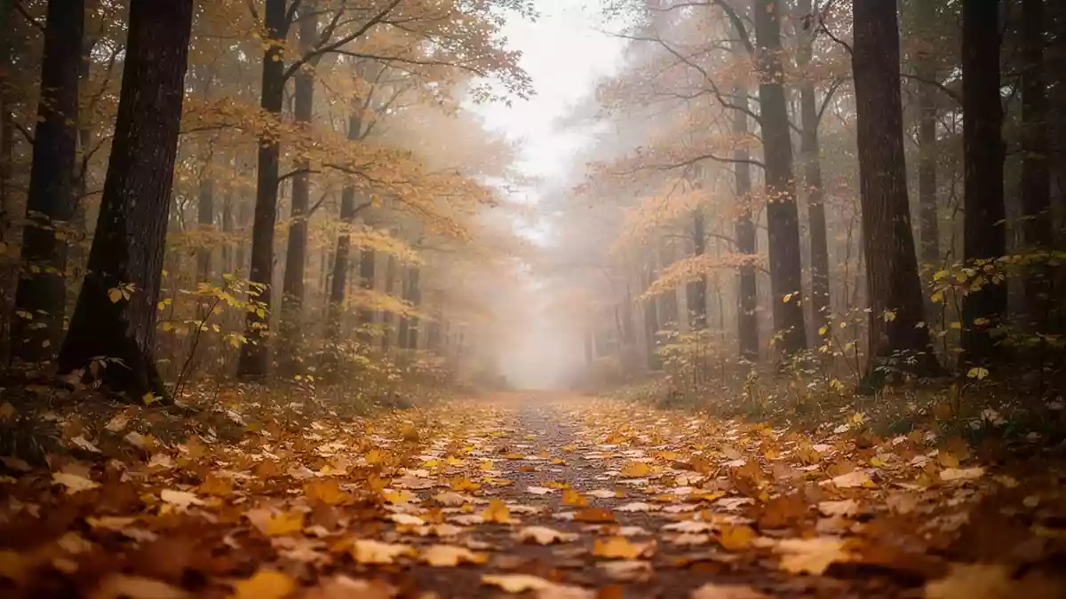 Herbstlicher Waldweg mit buntem Laub unter einem bedeckten Himmel. Illustration mit AI erstellt.