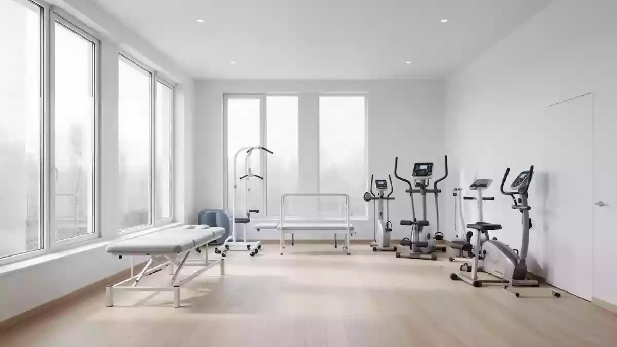 Ein heller, moderner Therapieraum mit professioneller medizinischer Ausstattung und natürlichem Lichteinfall. Illustration mit AI erstellt.