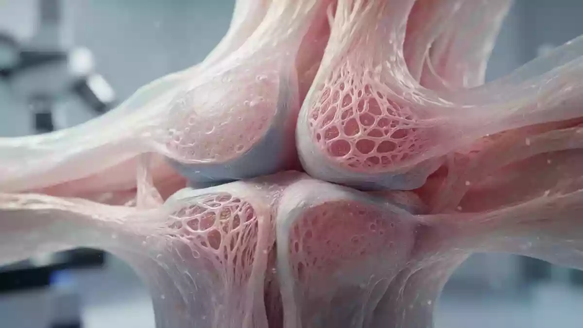 Mikroskopische Aufnahme von biologischem Synovialgewebe mit komplexen zellulären Strukturen und organischen Texturen. Illustration mit AI erstellt.