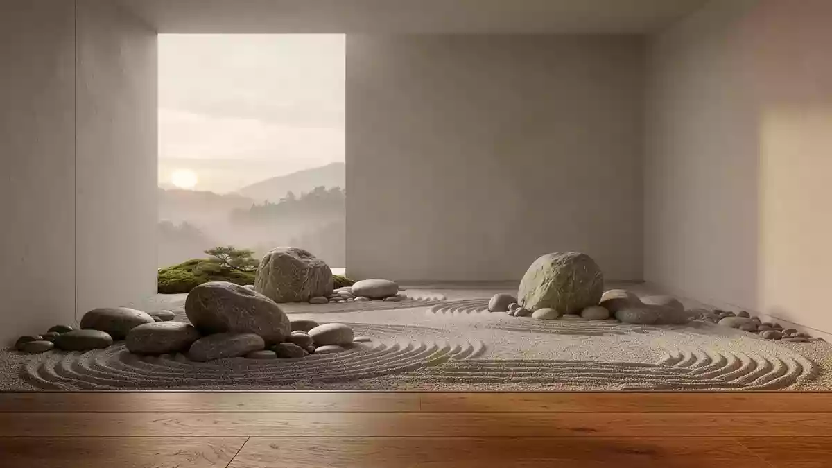 Minimalistischer Zen-Garten mit glatten Flusssteinen und geharktem Sand im sanften Morgenlicht. Illustration mit AI erstellt.