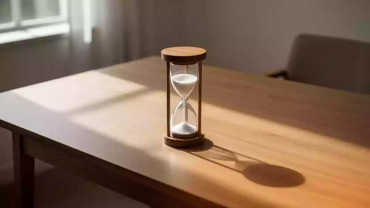 Eine Sanduhr auf einem minimalistischen Holztisch im Sonnenlicht, die den Fokus auf Konzentration und Zeitmanagement legt. Illustration mit AI erstellt.
