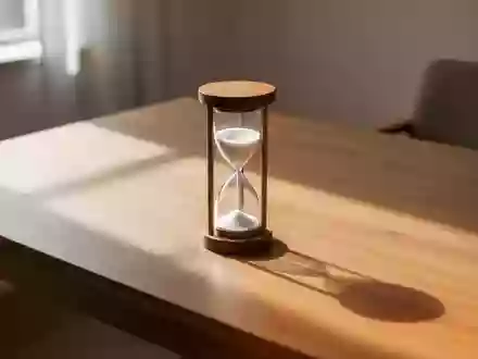 Eine Sanduhr auf einem minimalistischen Holztisch im Sonnenlicht, die den Fokus auf Konzentration und Zeitmanagement legt. - Foto: über boerse-global.de