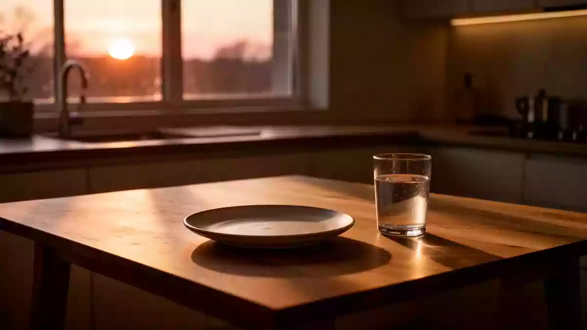 Ein minimalistischer Esstisch bei Dämmerlicht mit einem leeren Teller und einem Glas Wasser. Illustration mit AI erstellt.