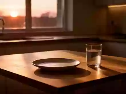 Ein minimalistischer Esstisch bei Dämmerlicht mit einem leeren Teller und einem Glas Wasser. - Foto: über boerse-global.de