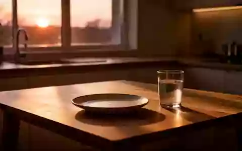 Ein minimalistischer Esstisch bei Dämmerlicht mit einem leeren Teller und einem Glas Wasser. - Foto: über boerse-global.de