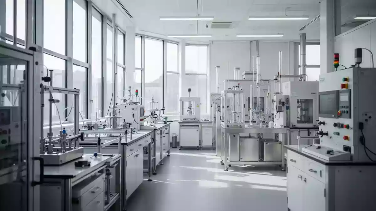 Modernes Industrielabor mit technischer Ausrüstung in einer hellen Frankfurter Anlage. Illustration mit AI erstellt.