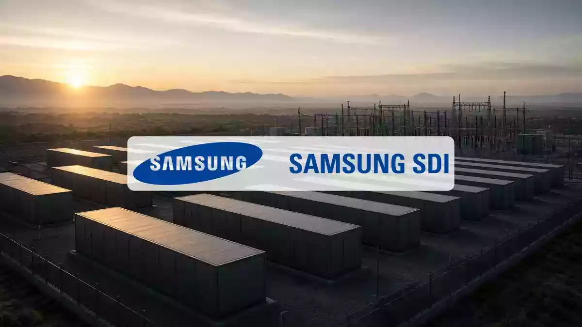 Moderne Energiespeicheranlage bei Sonnenaufgang als Symbol für wirtschaftliche Erholung und technologischen Fortschritt. Illustration mit AI erstellt.