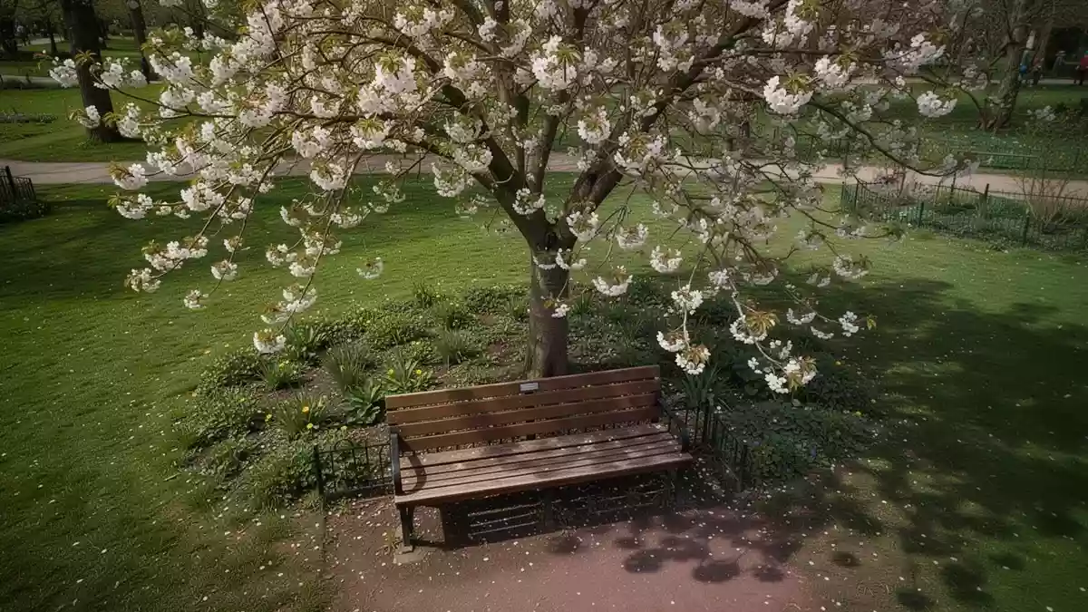 Symbolbild: Parkbank unter einem blühenden Baum Illustration mit AI erstellt.