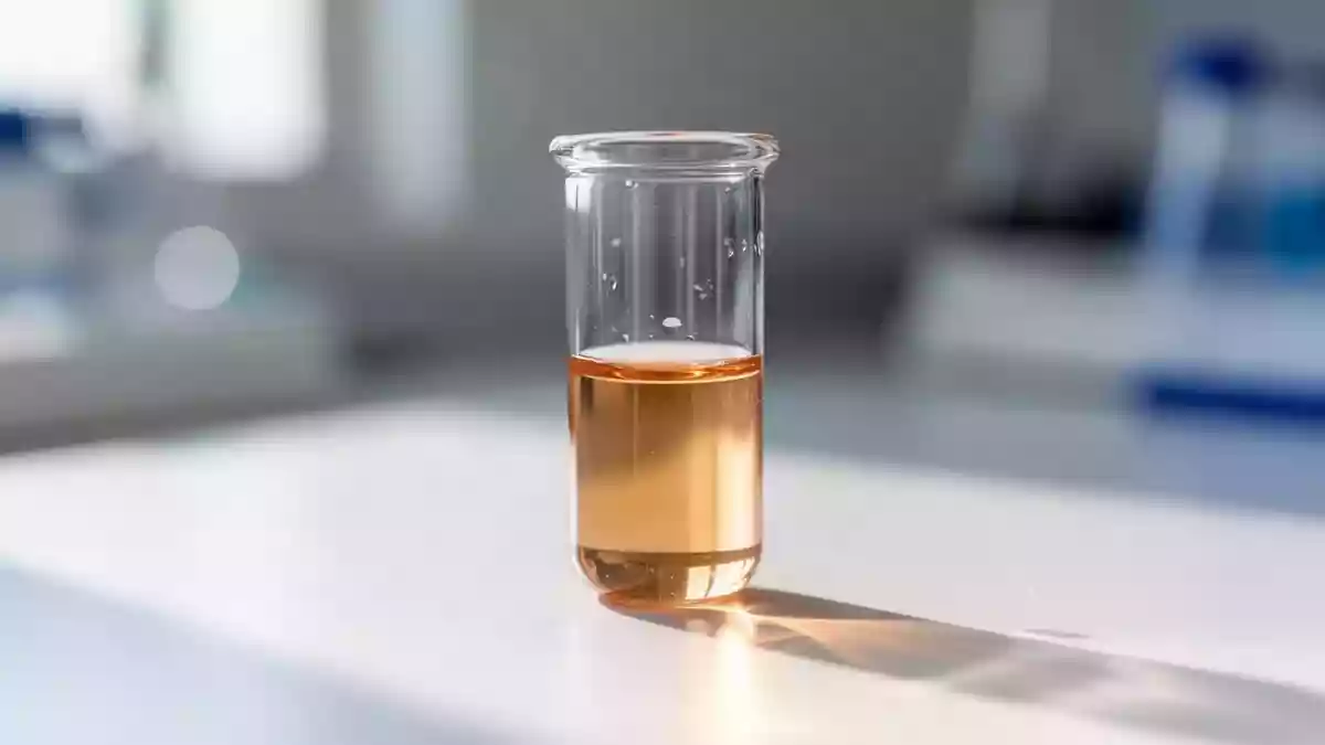 Ein Labor-Reagenzglas mit einer klaren Flüssigkeit auf einem sterilen Labortisch als Symbol für medizinische Forschung. Illustration mit AI erstellt.