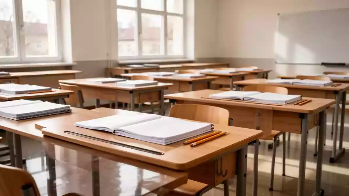 Ein leerer, sonnendurchfluteter Klassenraum mit ordentlich aufgestellten hölzernen Schulbänken und leeren Heften. Illustration mit AI erstellt.