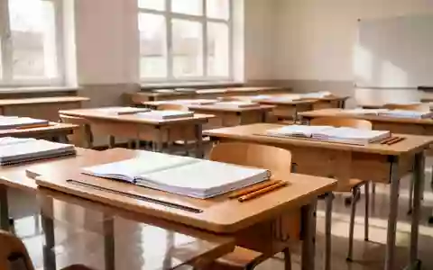 Ein leerer, sonnendurchfluteter Klassenraum mit ordentlich aufgestellten hölzernen Schulbänken und leeren Heften. - Foto: über boerse-global.de