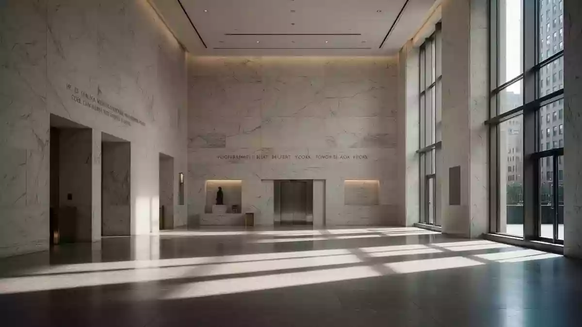 Ein minimalistisch gestalteter, lichtdurchfluteter Flur in einem modernen Regierungsgebäude mit klaren architektonischen Linien. Illustration mit AI erstellt.