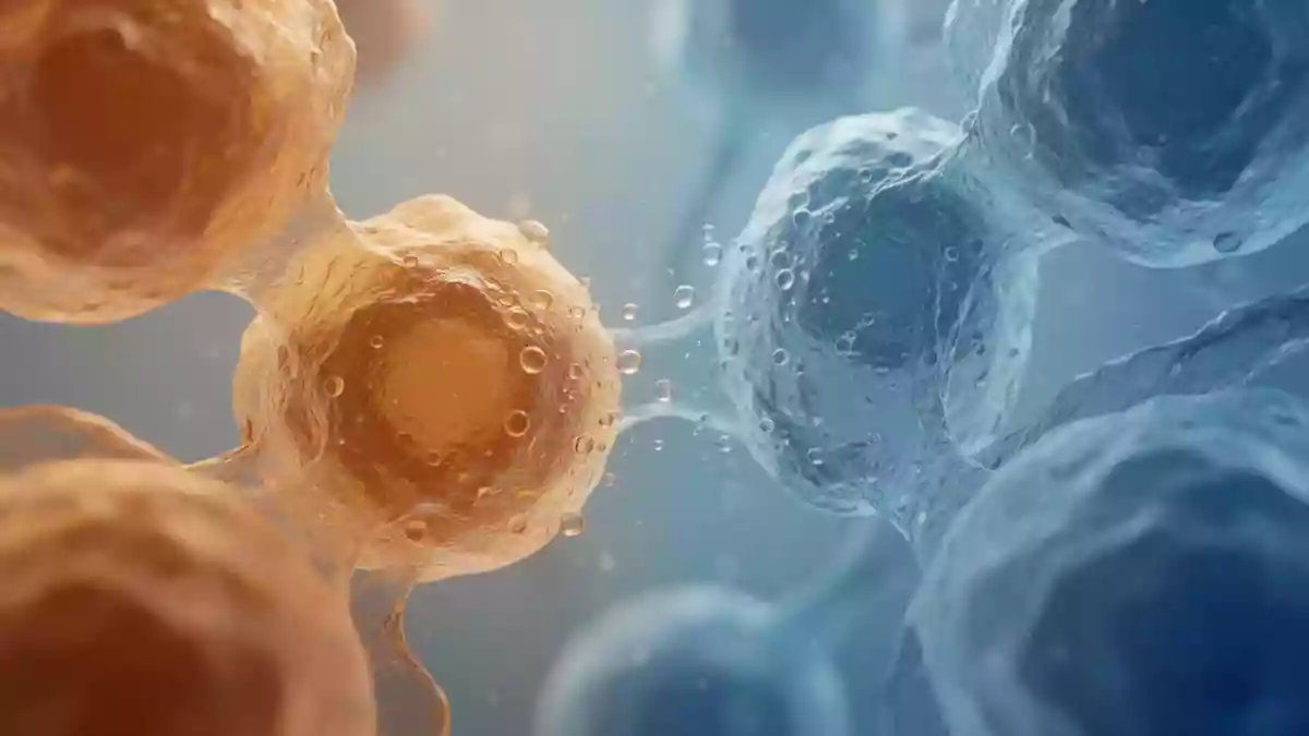 Abstrakte mikroskopische Darstellung zellulärer Strukturen, die biologische Signalwege in einem medizinischen Kontext symbolisiert. Illustration mit AI erstellt.