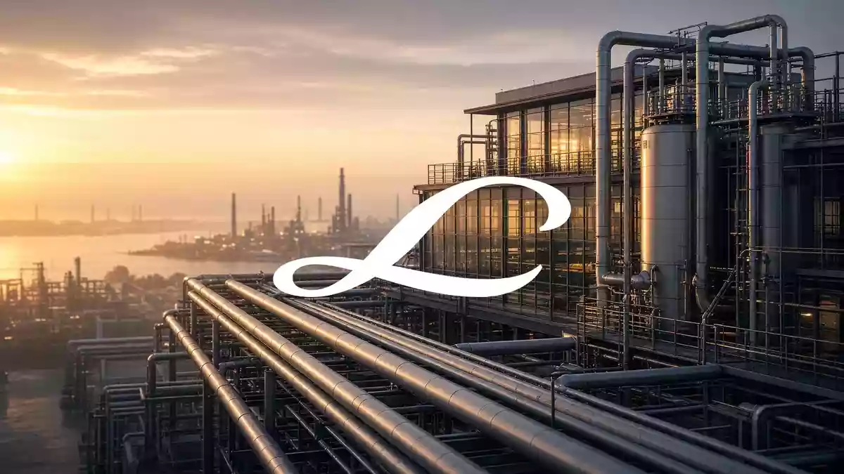 Moderne Industrieanlage bei Sonnenaufgang, symbolisch für die wirtschaftliche Stabilität und den Industriesektor. Illustration mit AI erstellt.