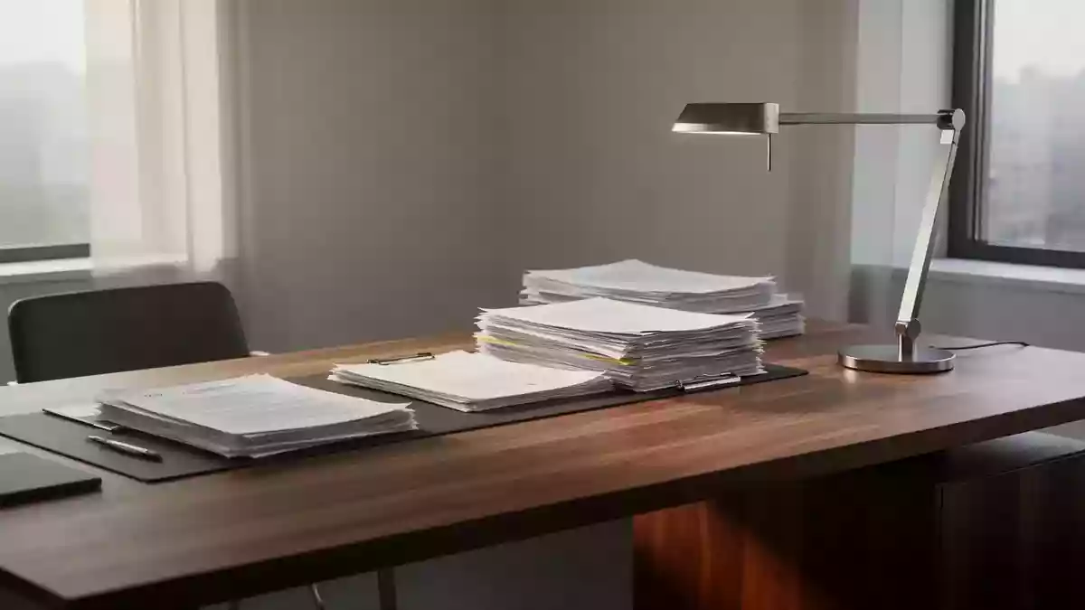 Ein minimalistischer Schreibtisch mit ordentlichen Unterlagen und natürlichem Lichteinfall in einem modernen Büro. Illustration mit AI erstellt.