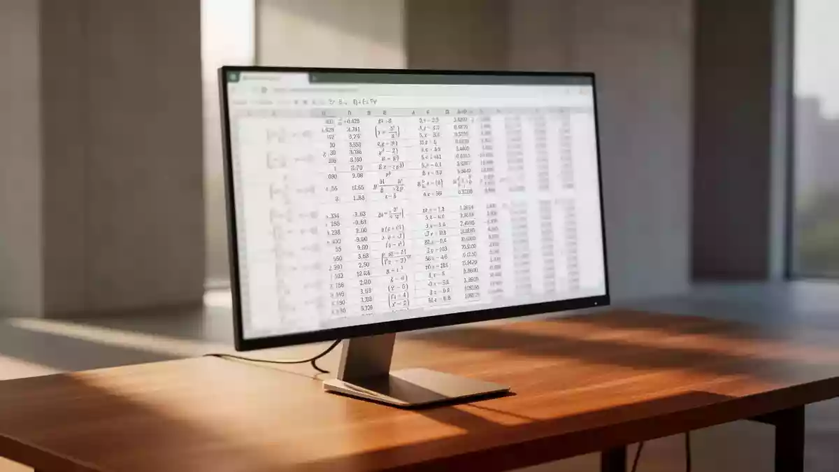 Ein minimalistischer Arbeitsplatz mit einem modernen Monitor, der eine komplexe Kalkulationstabelle in gedimmter, unleserlicher Ansicht zeigt, in einer hellen, ruhigen Umgebung. Illustration mit AI erstellt.