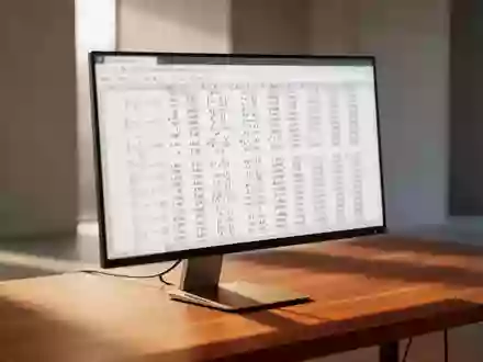 Ein minimalistischer Arbeitsplatz mit einem modernen Monitor, der eine komplexe Kalkulationstabelle in gedimmter, unleserlicher Ansicht zeigt, in einer hellen, ruhigen Umgebung. - Foto: über boerse-global.de