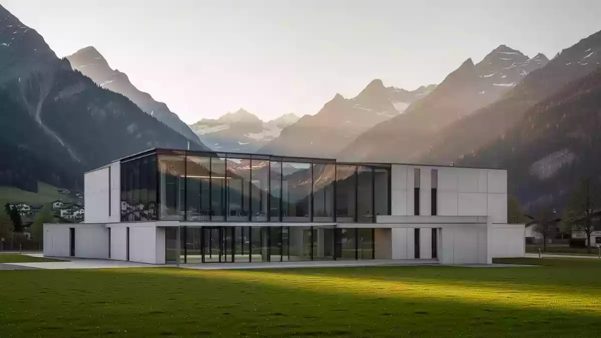 Ein modernes, minimalistisches Verwaltungsgebäude in einer Schweizer Alpenlandschaft bei Sonnenuntergang. Illustration mit AI erstellt.