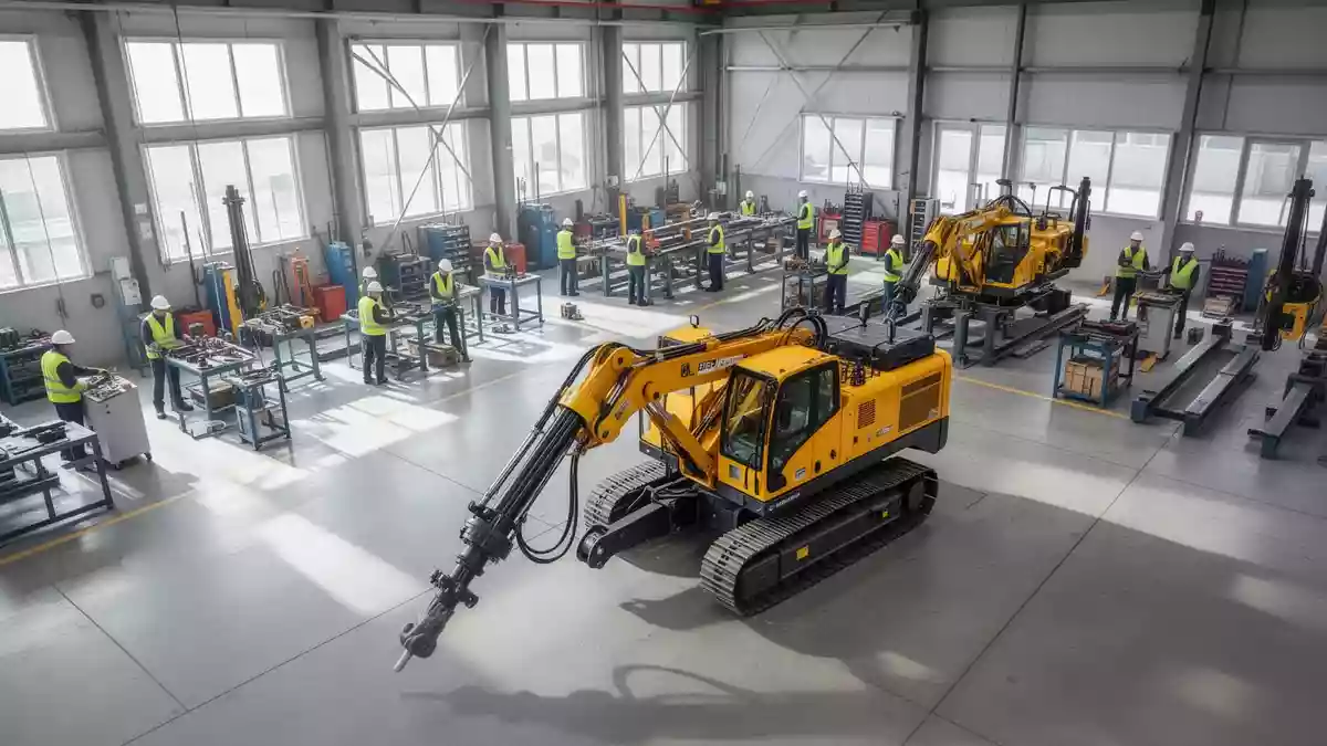 Moderne Produktionshalle für Bergbaumaschinen mit einer gelben Bohranlage im Vordergrund. Illustration mit AI erstellt.