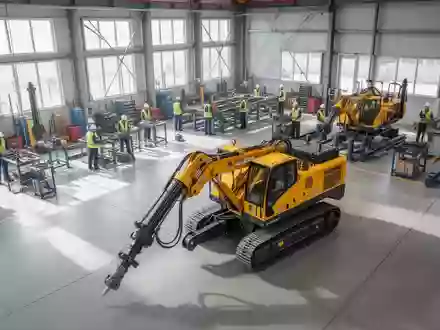 Moderne Produktionshalle für Bergbaumaschinen mit einer gelben Bohranlage im Vordergrund. - Foto: über boerse-global.de