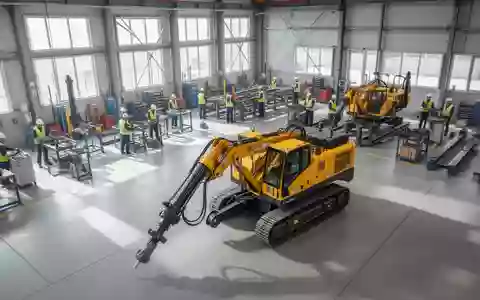Moderne Produktionshalle für Bergbaumaschinen mit einer gelben Bohranlage im Vordergrund. - Foto: über boerse-global.de